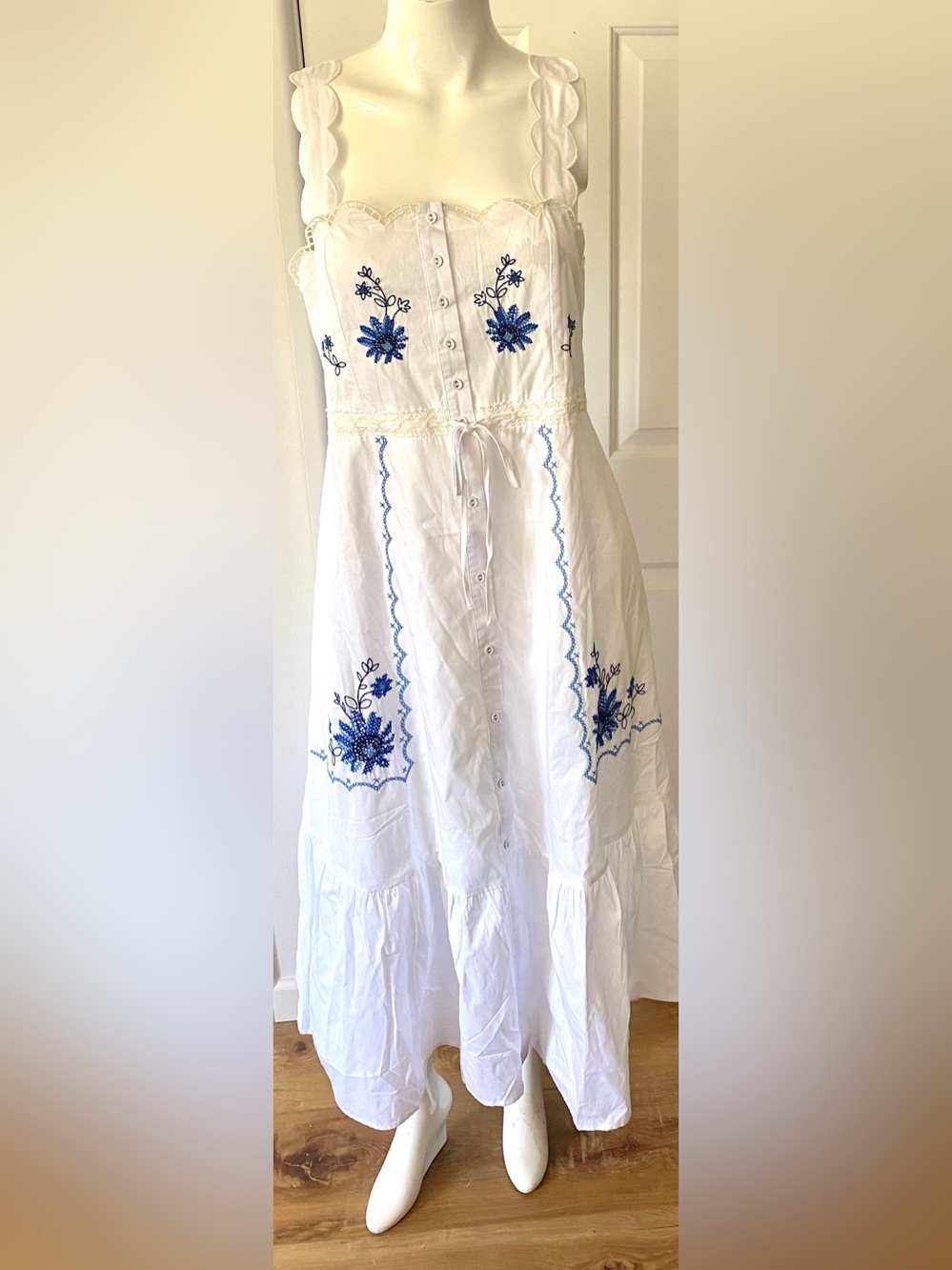 Moon River White Maxi Sundress with Blue Floral Embroidery. Vacation/summer.